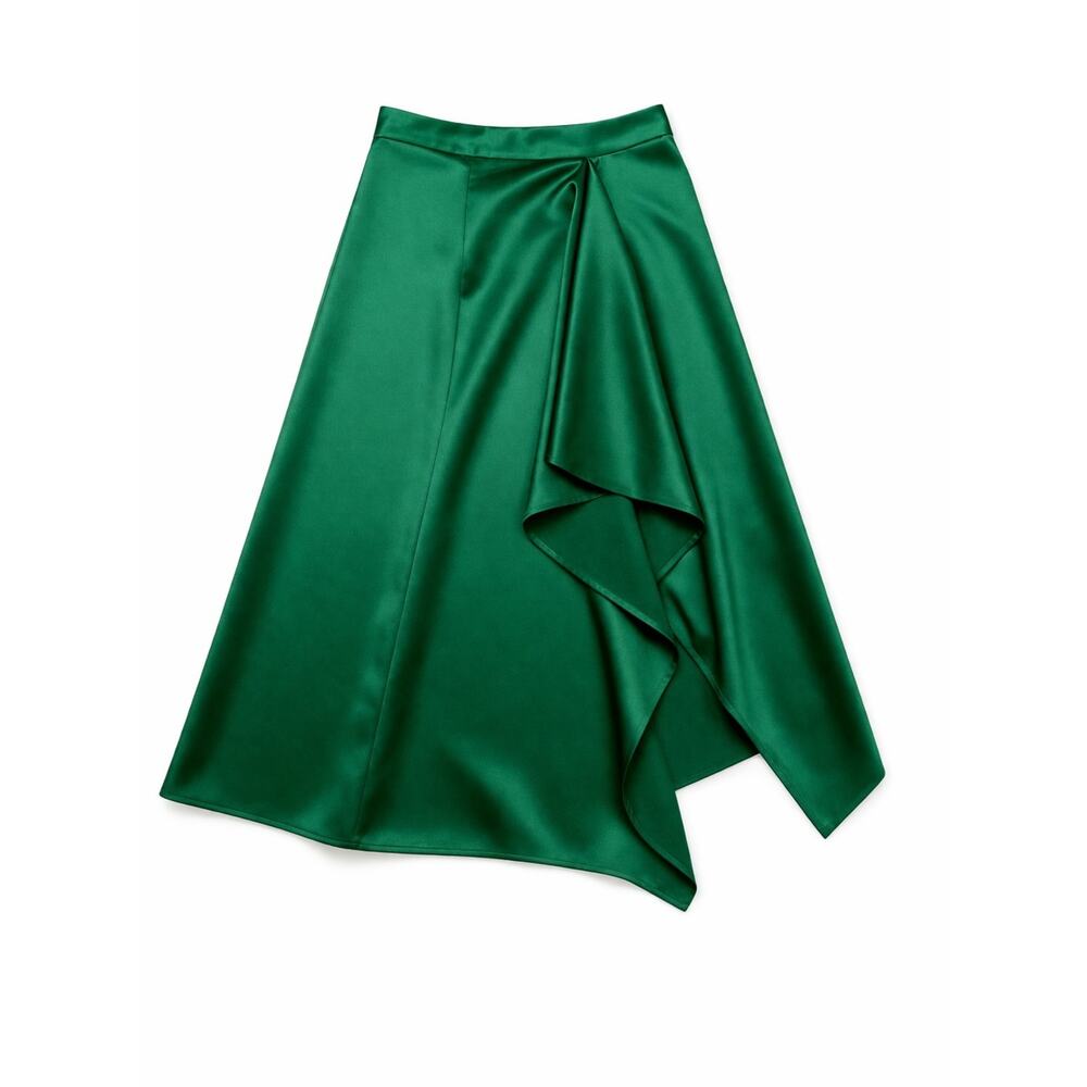ZARA Green Satin Midi Skirt Womens XS Emerald Asymmetrical Elegant Party